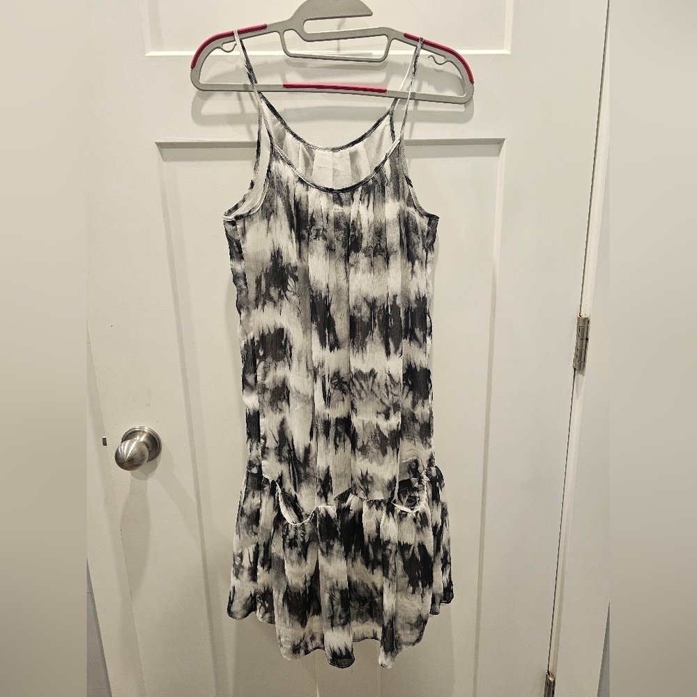 Black White Tie-Dye Spaghetti Strap Drop Waist Dress Pockets | Women’s Medium